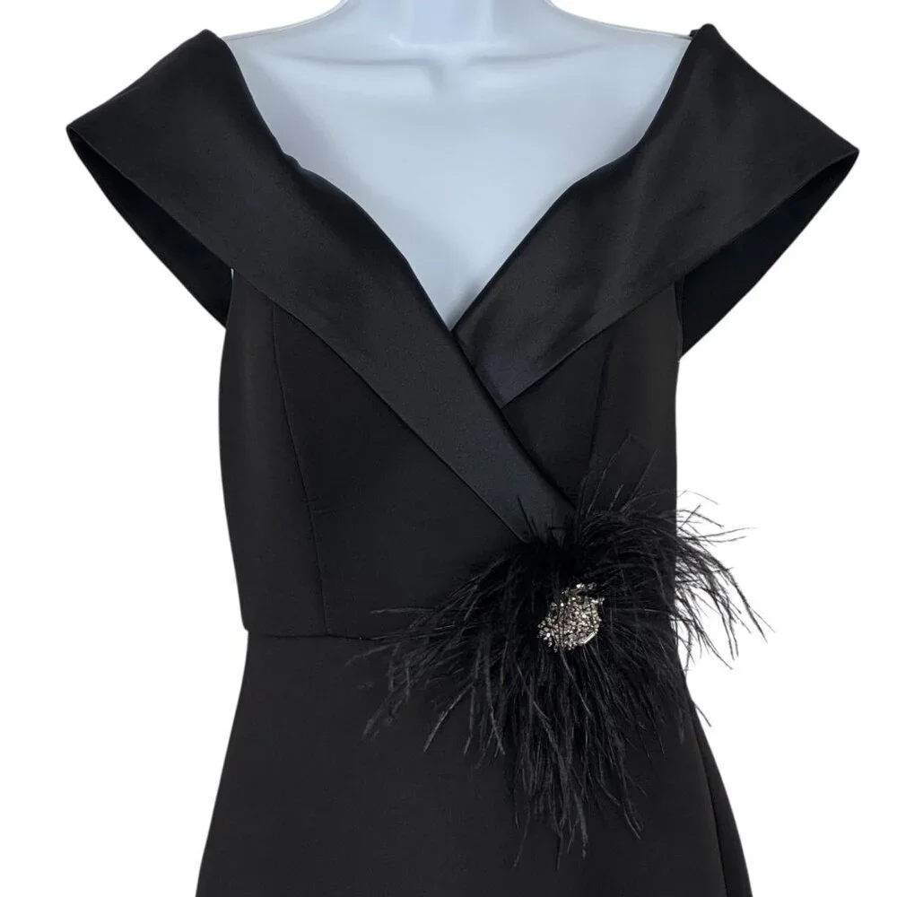 Eliza J Black Formal Gown Size 4 Feather Beading Elegant Black Tie Collar Party